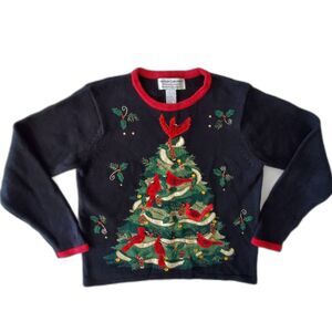 VNTG Christmas Sweater Embellished Tree Red Cardinals Heirloom Collectibles Sz L